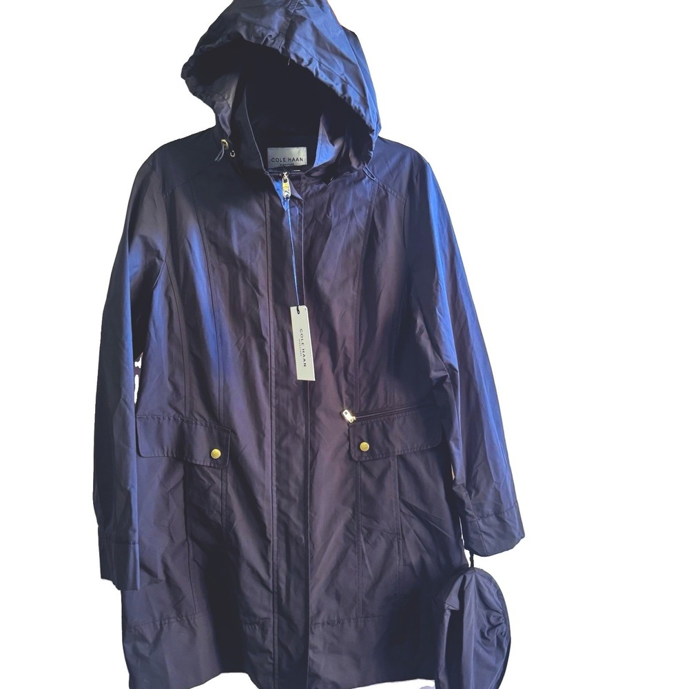 Cole Haan Signature Women's Black Hooded Zip/Snap Mid-Length Rain Coat L